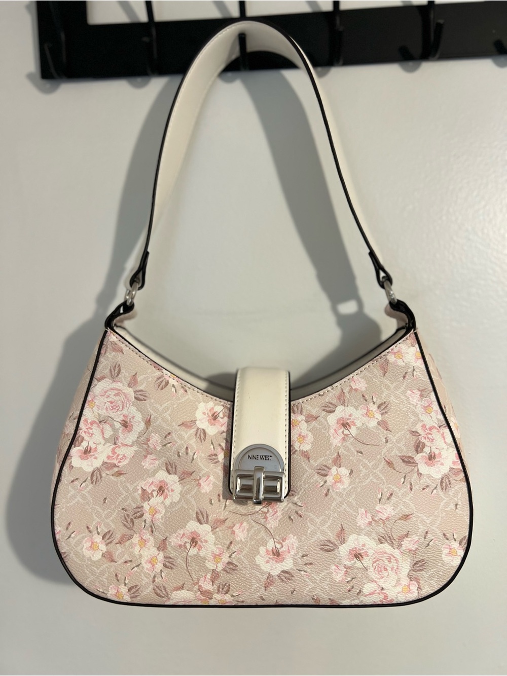 Nine West Pink Floral Cream Shoulder Bag with Silver Clasp